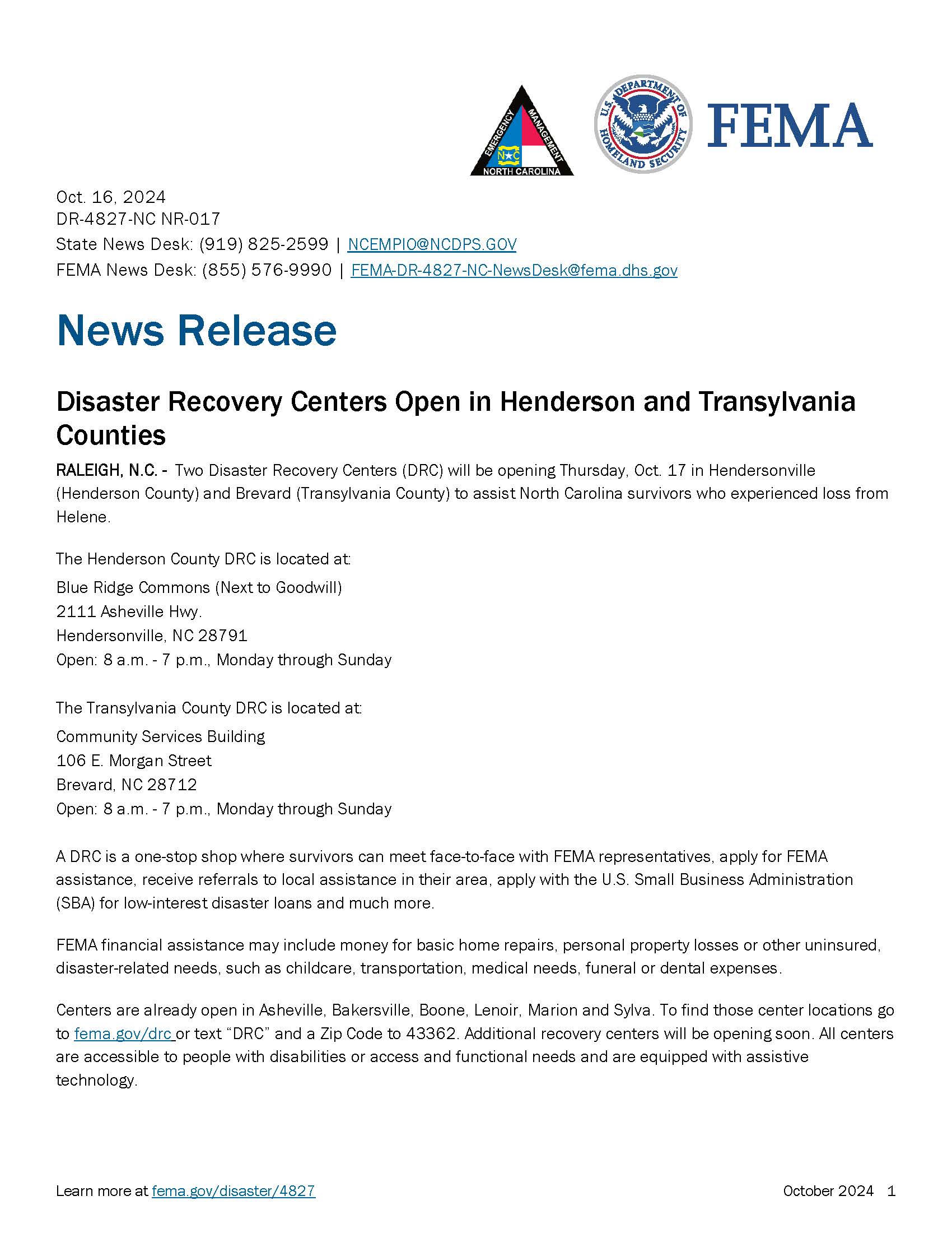 Disaster Recovery Centers Open in Henderson and Transylvania Counties